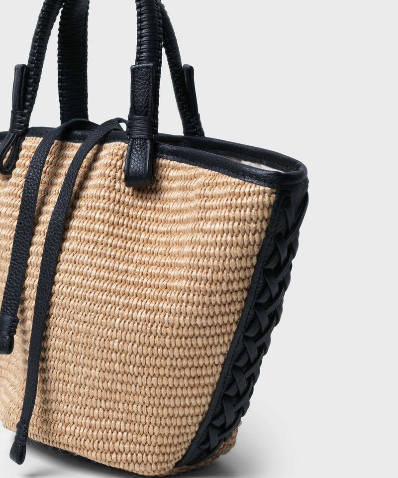 Mini Cassia Tote Black Leather Straw Beige