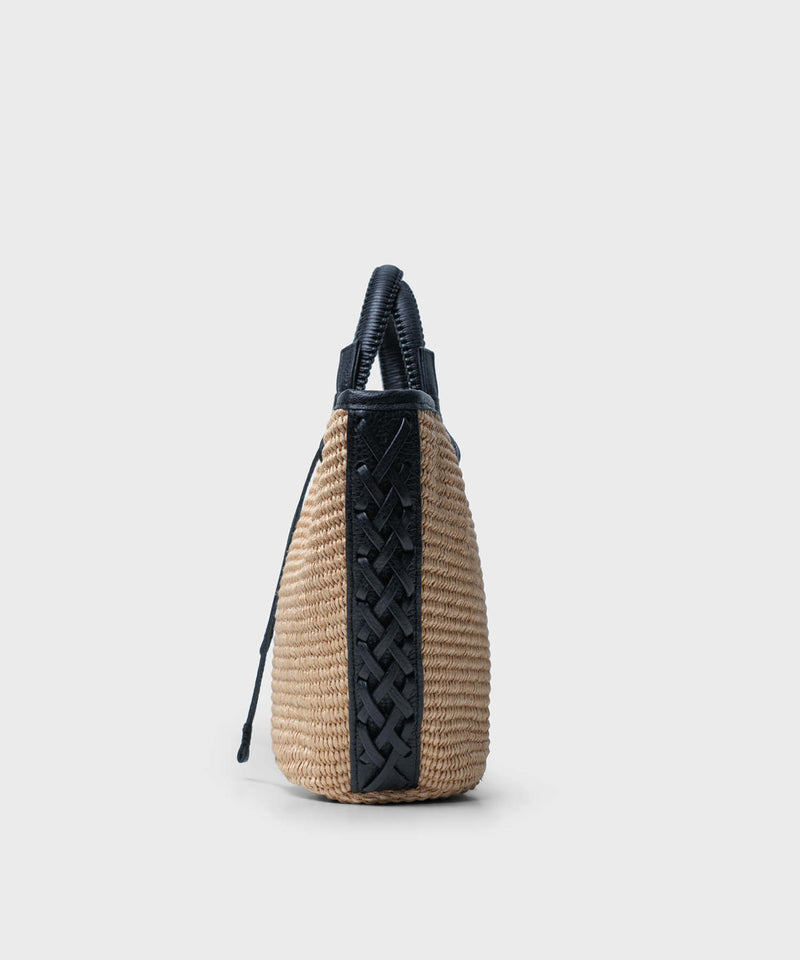 Mini Cassia Tote Black Leather Straw Beige