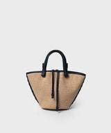 Mini Cassia Tote Black Leather Straw Beige