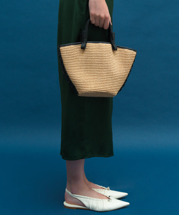 Mini Cassia Tote Black Leather Straw Beige