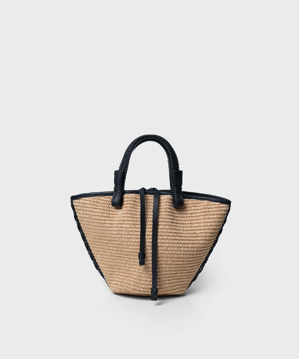 Mini Cassia Tote Black Leather Straw Beige