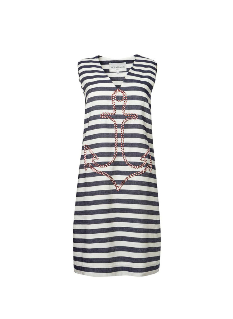 Anchor Embroidered Linen Dress Striped Navy Blue/White – APOELLA