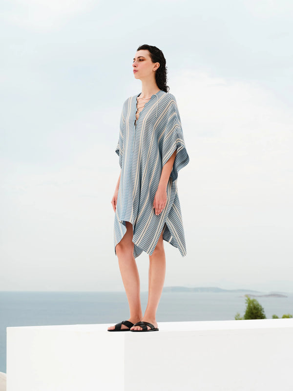 Kavos Lace Up Textured Silk Tunic Ivory/Sky Blue