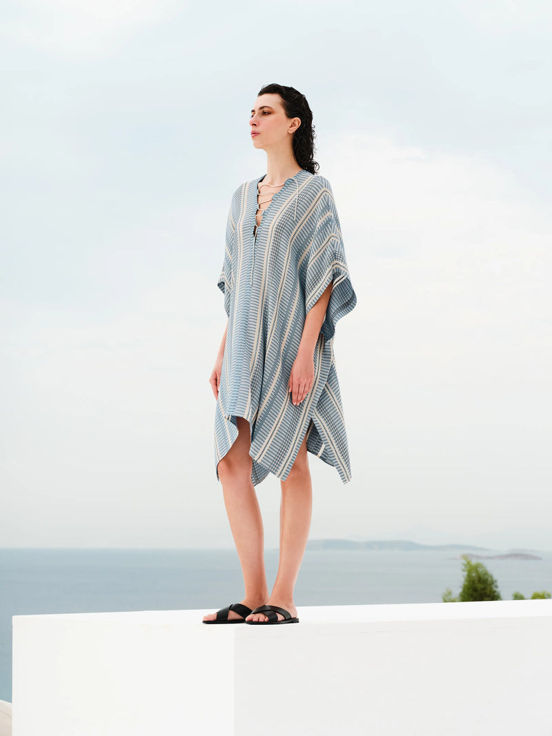 Kavos Lace Up Textured Silk Tunic Ivory/Sky Blue