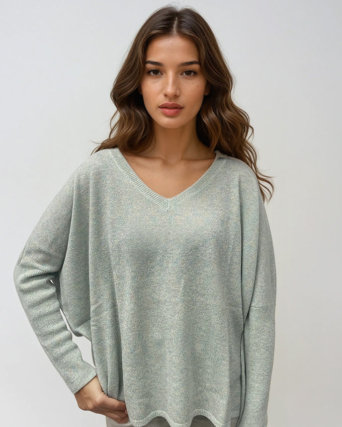 Cam Glitter V Neck Sweater Cloudy Mint Glitter