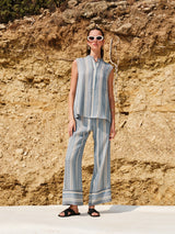 Abaton Cropped Textured Silk Pants Ivory/Sky Blue