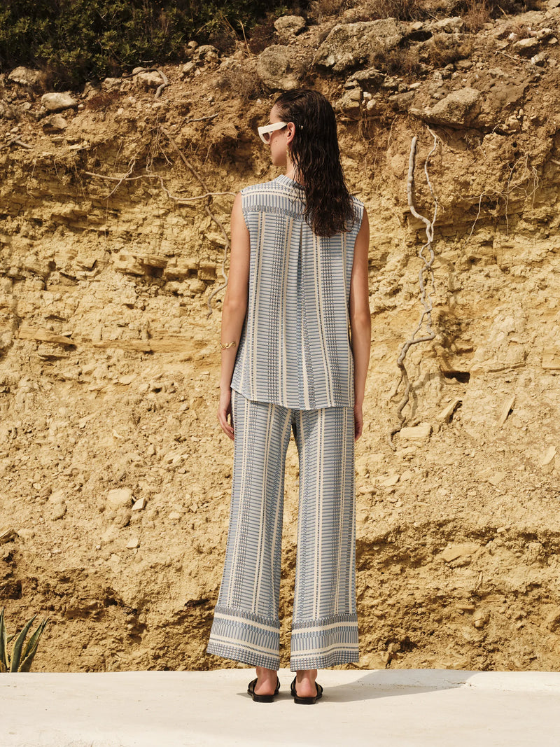 Abaton Cropped Textured Silk Pants Ivory/Sky Blue