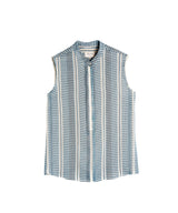 Hera Sleeveless Textured Silk Top Mao Neck Ivory/Sky Blue