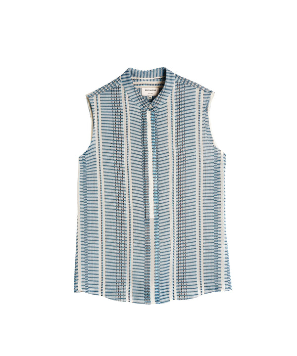 Hera Sleeveless Textured Silk Top Mao Neck Ivory/Sky Blue