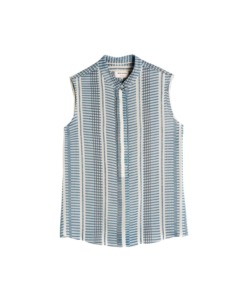 Hera Sleeveless Textured Silk Top Mao Neck Ivory/Sky Blue