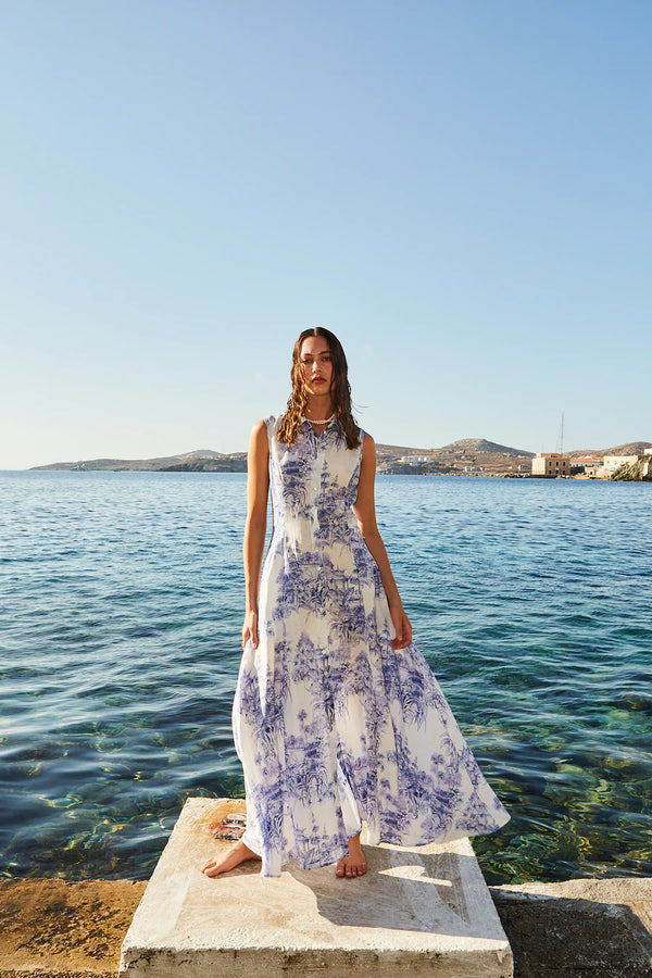 Cara Long SL Long Sleeveless Dress White/Blue Flowers