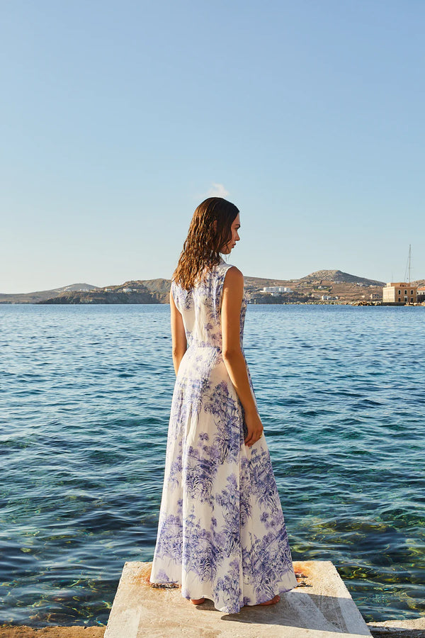 Cara Long SL Long Sleeveless Dress White/Blue Flowers