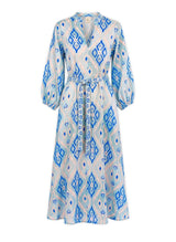 Marigold Long Sleeve Maxi Dress Blue Ikat