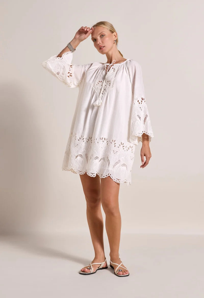 Flamingo Oasis Embroidered Short Dress Antique White