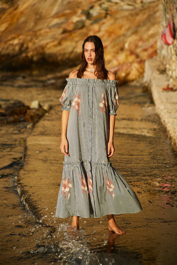 Ira Off Shoulder Maxi Dress Blue/Red/White Stripes