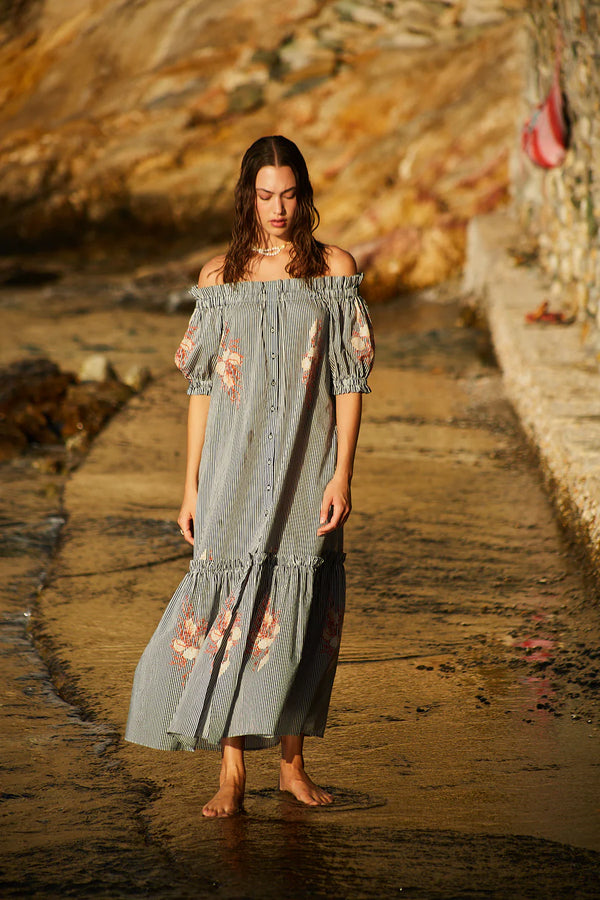 Ira Off Shoulder Maxi Dress Blue/Red/White Stripes