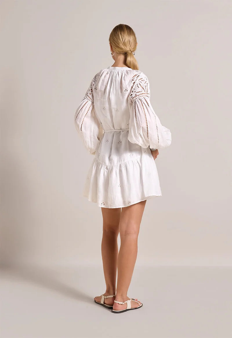 Lucy Embroidered Belted Short Dress Crispy White