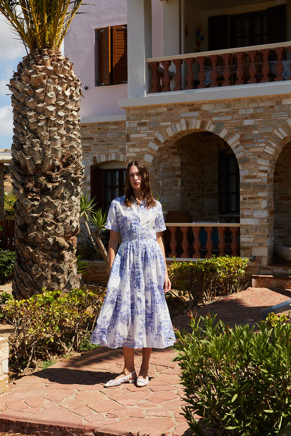 Nellie Midi SS Midi Short Sleeve Dress Dress White/Blue Flowers