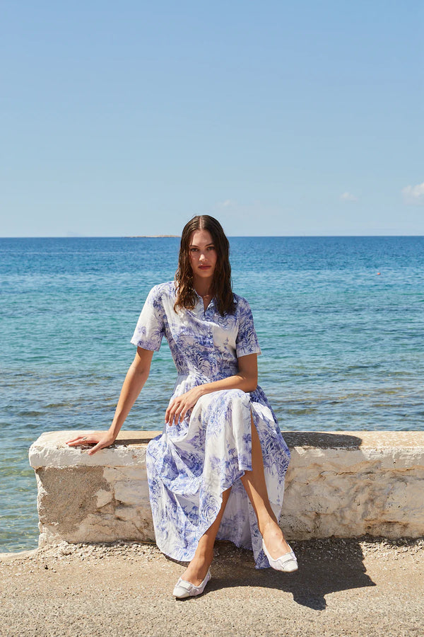 Nellie Midi SS Midi Short Sleeve Dress Dress White/Blue Flowers