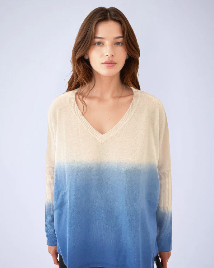 Millie Tie Dye V Neck Sweater Cream / Horizon Blue