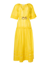 Syros Long Dress Lemon Yellow by Ancient Kallos | Silk Cotton Dress with Shell Buckles