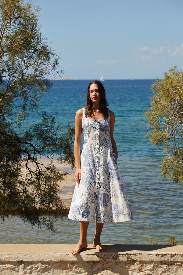 Teresa Midi Sleeveless Dress Blue/White Corals