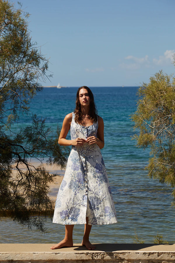 Teresa Midi Sleeveless Dress Blue/White Corals