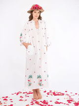 Blue Opal Long Sleeve Caftan White/Monkey Embroidery