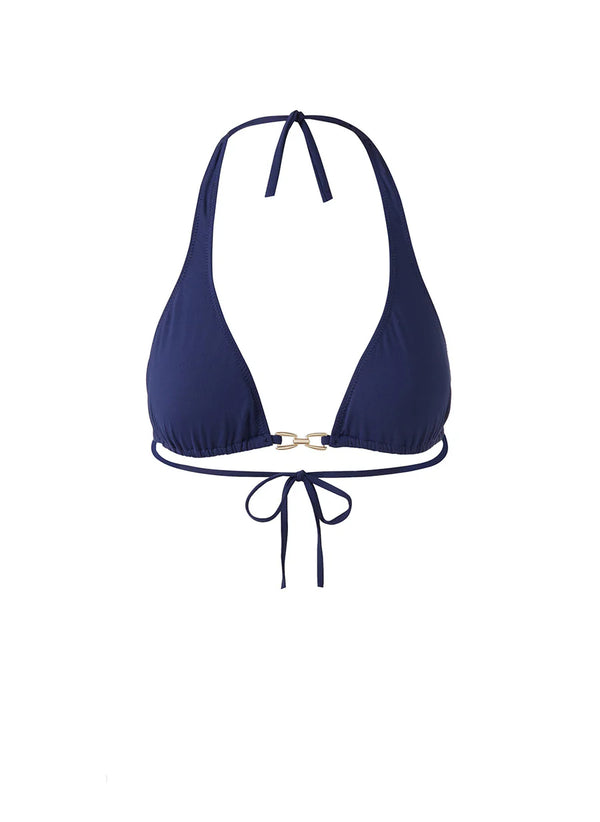 Antibes Ruched Halterneck Chain Detail Bikini Top Navy