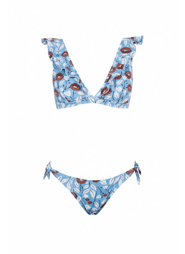 Bikini Emmanuela Swimwear Joanna V Neck Ruffled Bikini Blue/white Flowers Apoella