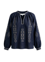 Blouses Ancient Kallos Argini Embroidered Linen Top Navy Blue O/S / Navy Apoella