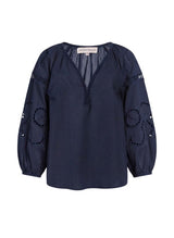 Blouses Ancient Kallos Iphigenia Cut Embroidered Long Sleeve Top Navy Blue Apoella