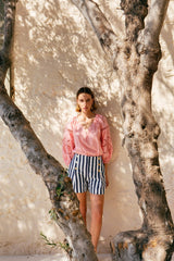 Blouses Ancient Kallos Iphigenia Cut Embroidered Long Sleeve Top Salmon Pink Apoella