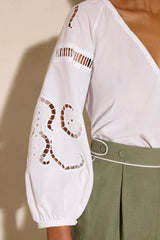 Blouses Ancient Kallos Iphigenia Cut Embroidered Long Sleeve Top White Apoella