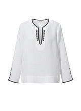 Blouses Ancient Kallos Pyrgi Linen Embroidered Blouse White/Black Apoella