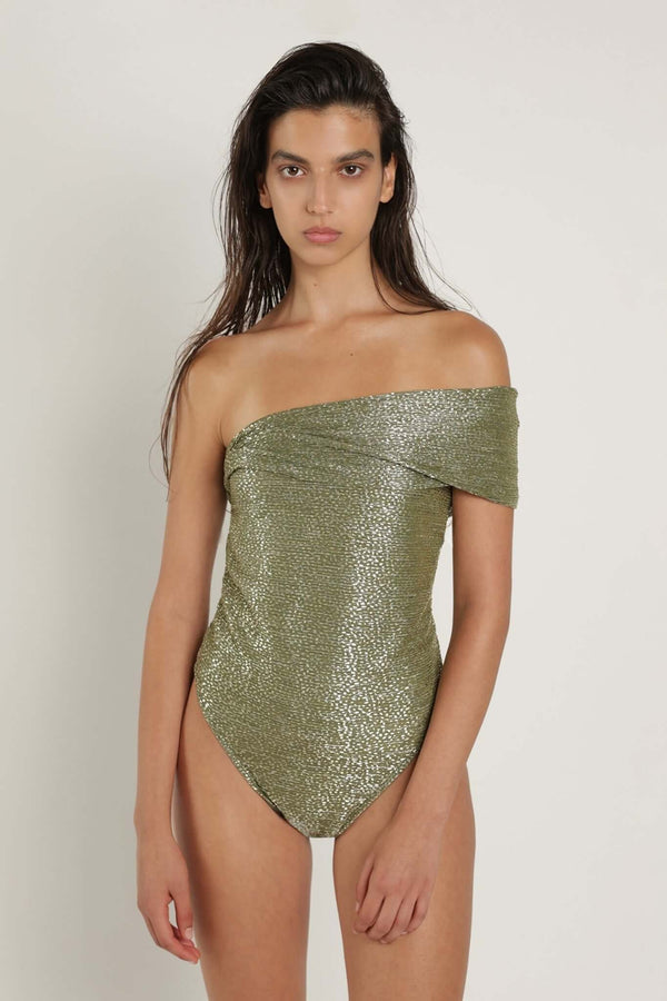 Bodysuit Sabina Musayev Illai One Shoulder Bodysuit Olive Green Sparkle Apoella