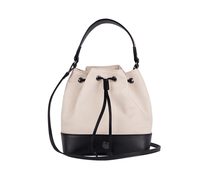 Leros Canvas Leather Mini Bucket Bag Ivory Black Apoella – APOELLA