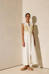 Caftans Ancient Kallos Penelope Embroidered Belted Caftan Off White/Gold Apoella
