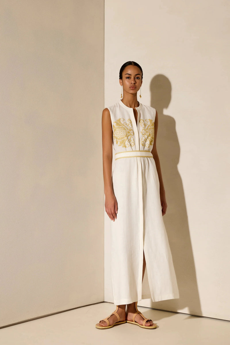 Caftans Ancient Kallos Penelope Embroidered Belted Caftan Off White/Gold Apoella