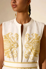 Caftans Ancient Kallos Penelope Embroidered Belted Caftan Off White/Gold Apoella