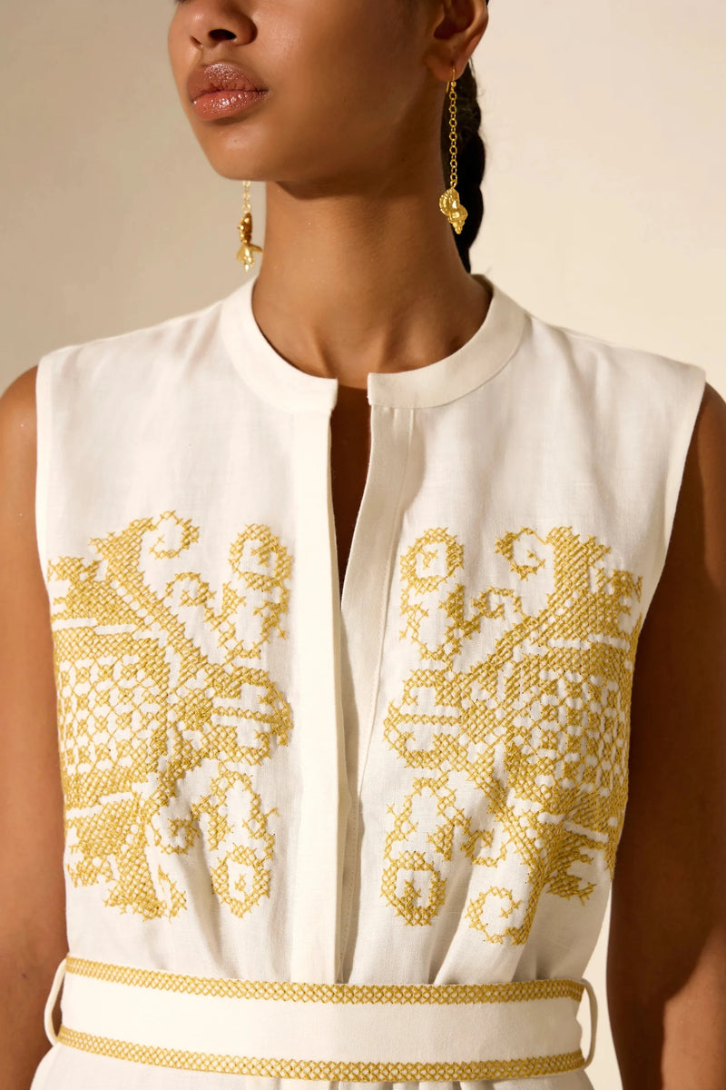Caftans Ancient Kallos Penelope Embroidered Belted Caftan Off White/Gold Apoella