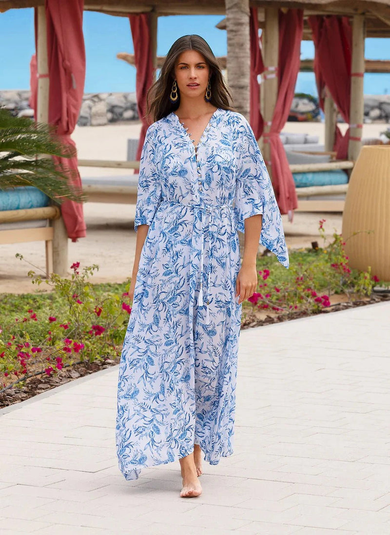 Caftans Melissa Odabash Edith Belted Caftan Blue Leaf Apoella