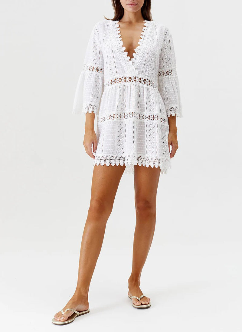 Caftans Melissa Odabash Victoria Embroidered V Neck Short Dress White Apoella