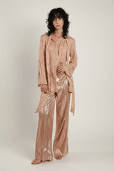 - Dahlia Pleated Long Sleeved Top W. Tie Front Creme Latte Silk Apoella