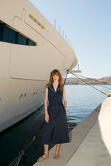 Dresses Ancient Kallos Desis Embroidered Cotton Sailor Tie Midi Shirtdress Navy Blue Apoella