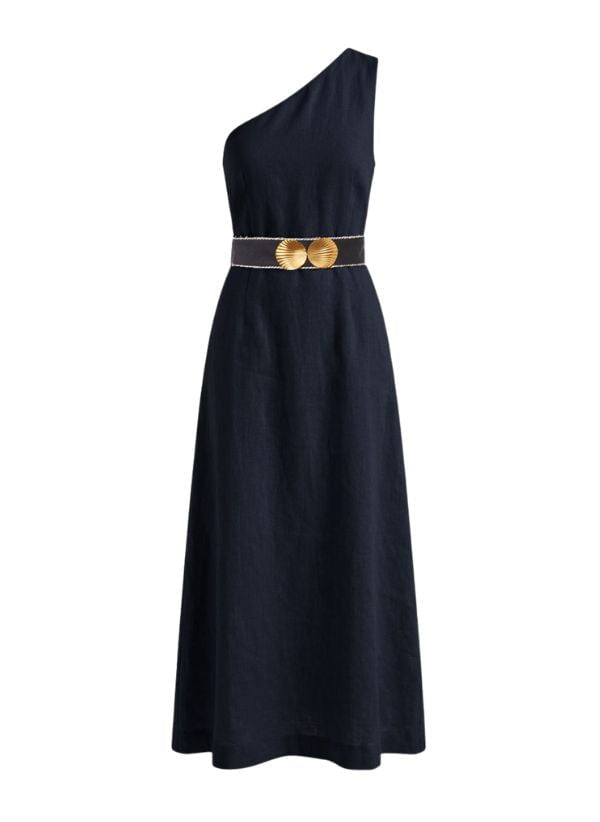 Ino Linen One Shoulder Dress Golden Shell Buckles Navy Blue – APOELLA