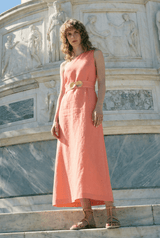 Dresses Ancient Kallos Ino Linen One Shoulder Dress Golden Shell Buckles Salmon Pink Apoella