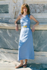 Dresses Ancient Kallos Ino Linen One Shoulder Dress Golden Shell Buckles Sky Blue Apoella