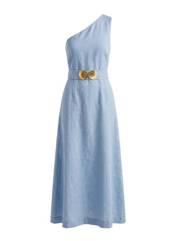 Ino Linen One Shoulder Dress Golden Shell Buckles Sky Blue – APOELLA