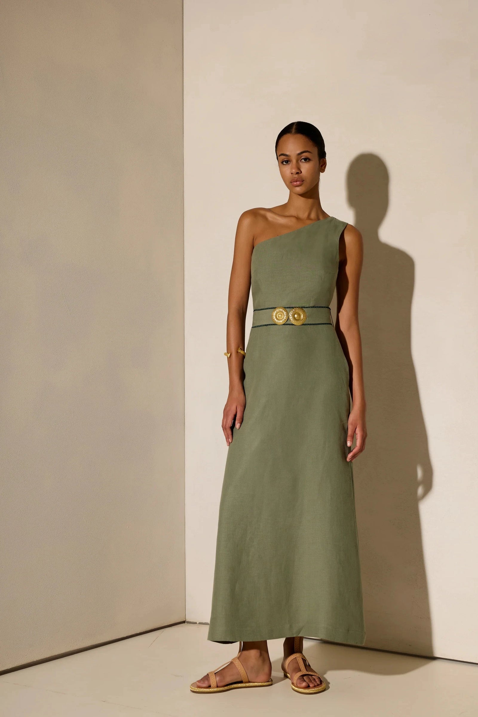 Ino One Shoulder Linen Midi Dress Gold Buckles Olive Green – APOELLA